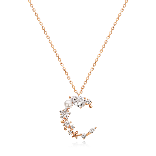 Moonlight Tune Round Princess Pear Marquise Cut Sterling Silver Plated 14K Rose Gold Necklace