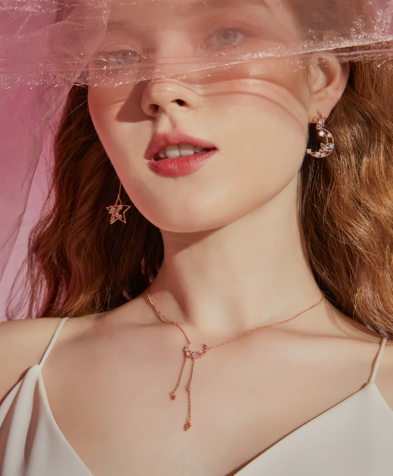 Star & Moon Love Round Cut Plated 14K Rose Gold Necklace