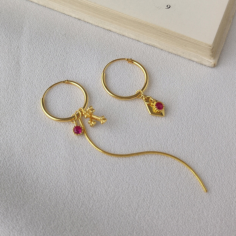 Asymmetric Tassel Round Cut Sterling Silver Plated Gold Earring