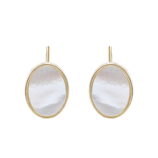 Oval White Shell Sterling Silver Plated Gold Stud Earring