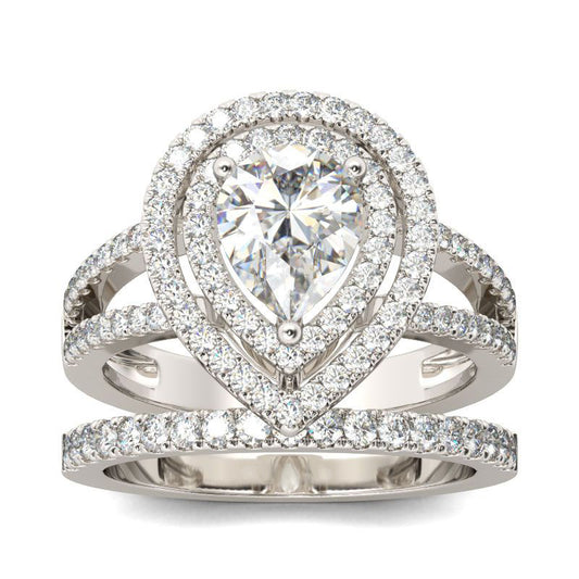 Double Halo Pear Cut Sterling Silver Ring Set-JE-Juri Elle