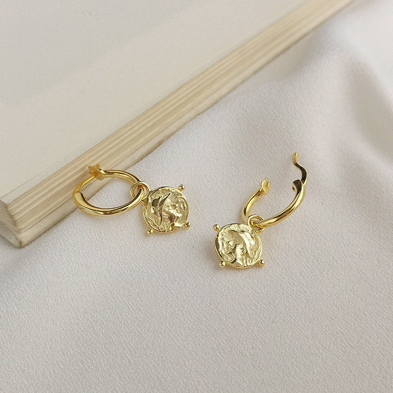 Circle Golden Portrait Coin Sterling Silver Plated Gold Earring
