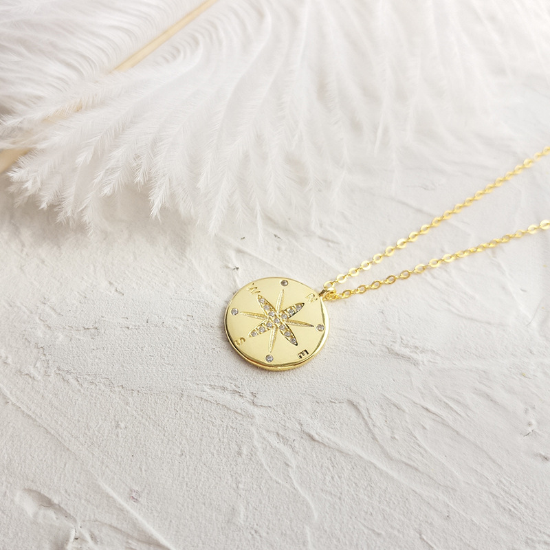 Compass Round Cut Sterling Silver Plated Gold Necklace