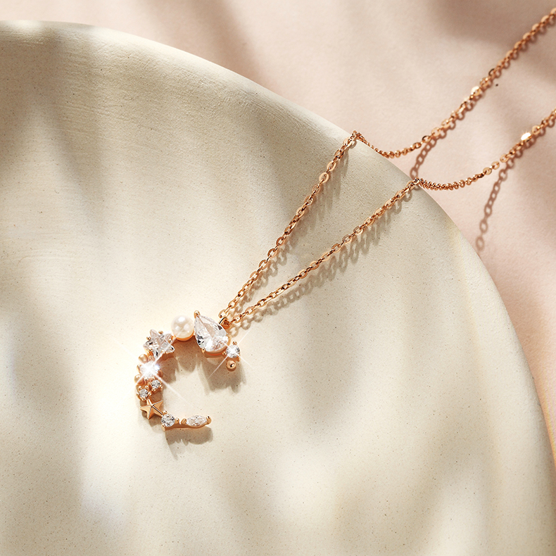Moonlight Tune Round Princess Pear Marquise Cut Sterling Silver Plated 14K Rose Gold Necklace