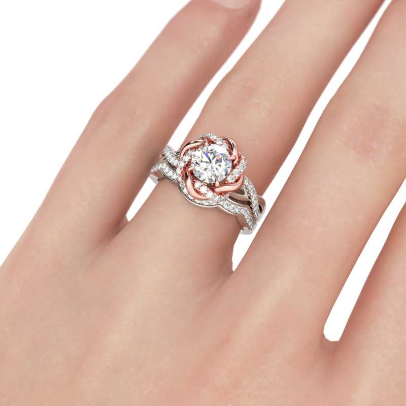 Two Tone Twist Floral Round Cut Sterling Silver Ring Set-JE-Juri Elle