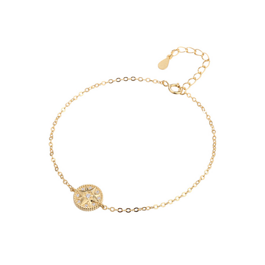 Eight-pointed Star Compass Round Cut Sterling Silver Plated Gold Bracelet