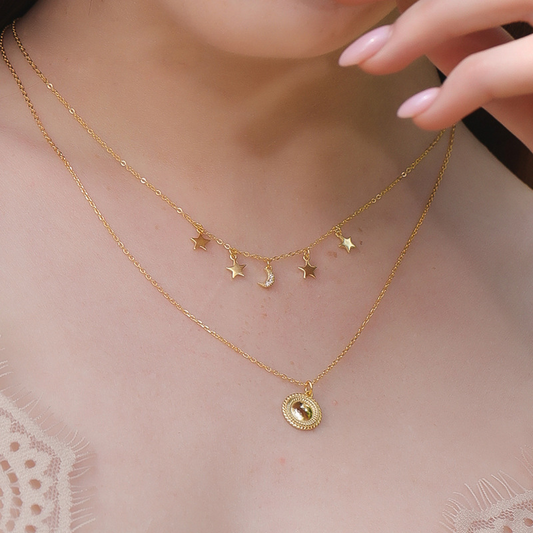 Bright Night Sky Round Cut Sterling Silver Plated Gold Necklace