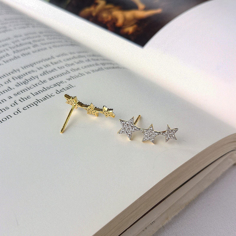 Multiple Stars Round Cut Sterling Silver Plated Gold Stud Earring