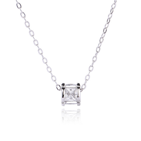 Geometric Cylinder Princess Cut Sterling Silver Plated Platinum Necklace