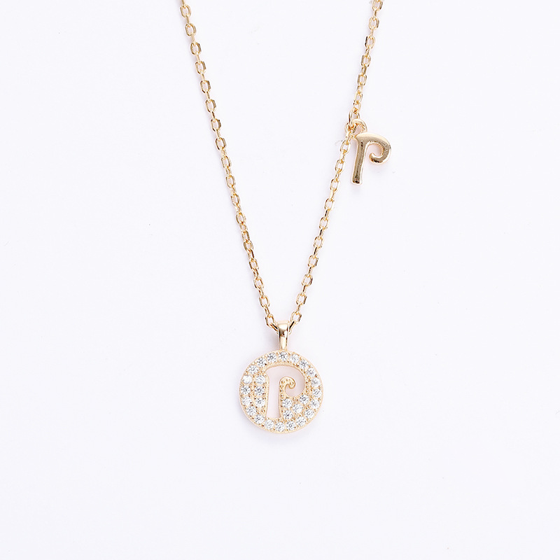 Hollow Letter Round Cut Sterling Silver Plated Champagne Gold Necklace