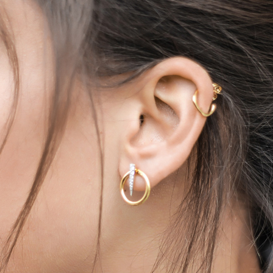 Circle Inverted Triangle Round Cut Sterling Silver Plated Gold Stud Earring