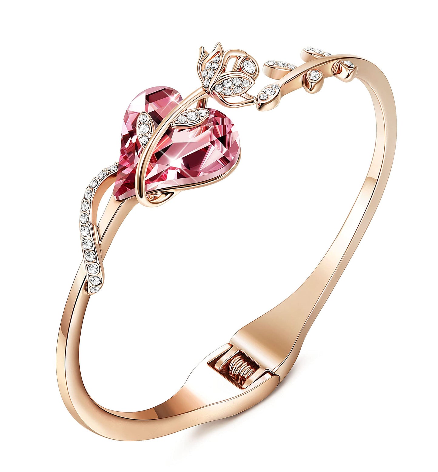 Rose Gold Plated Pink Rhinestone Cuff Bangle Bracelets for Women Birthday Jewelry Gift for Her Made with Swarovski