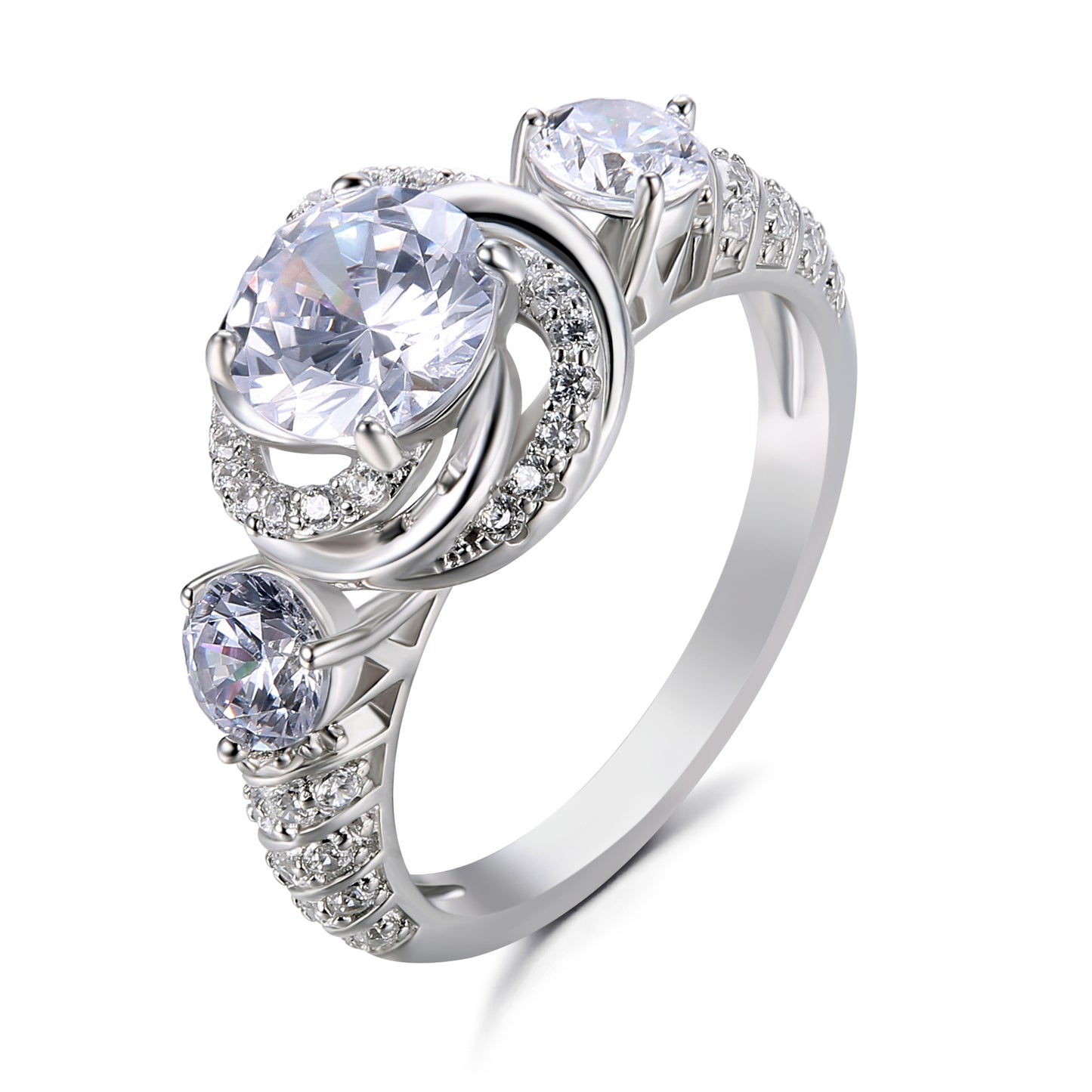 Floral Halo Round Cut Sterling Silver Ring
