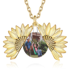 Azzuocaeno Photo/Picture Sunflower Necklace, Engraved Photo Locket Pendant, Sunflower Gifts with Box
