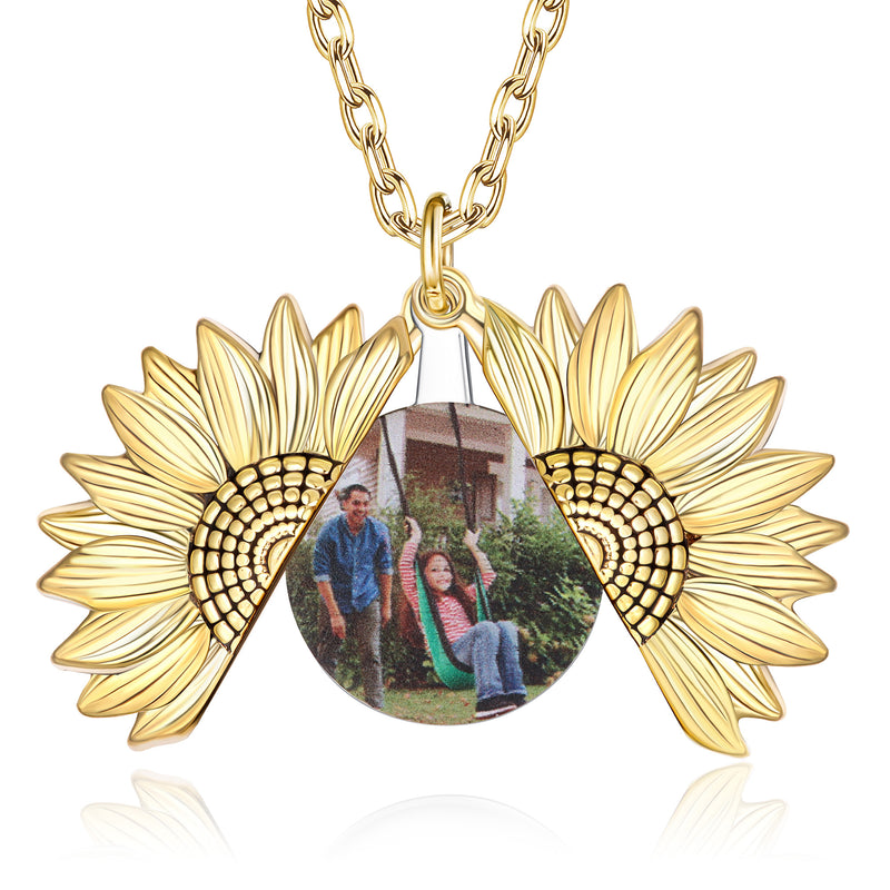 Azzuocaeno Photo/Picture Sunflower Necklace, Engraved Photo Locket Pendant, Sunflower Gifts with Box