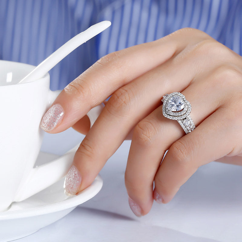 Double Halo Heart Cut Sterling Silver Engagement Ring-JE-Juri Elle