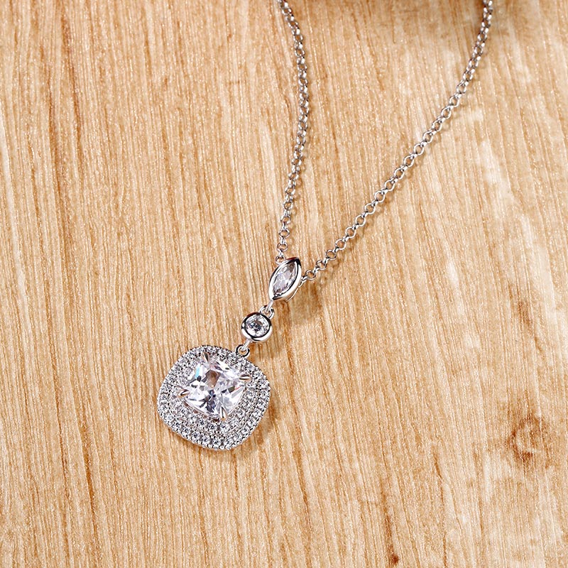 Double Halo Cushion Cut Sterling Silver Necklace-JE-Juri Elle
