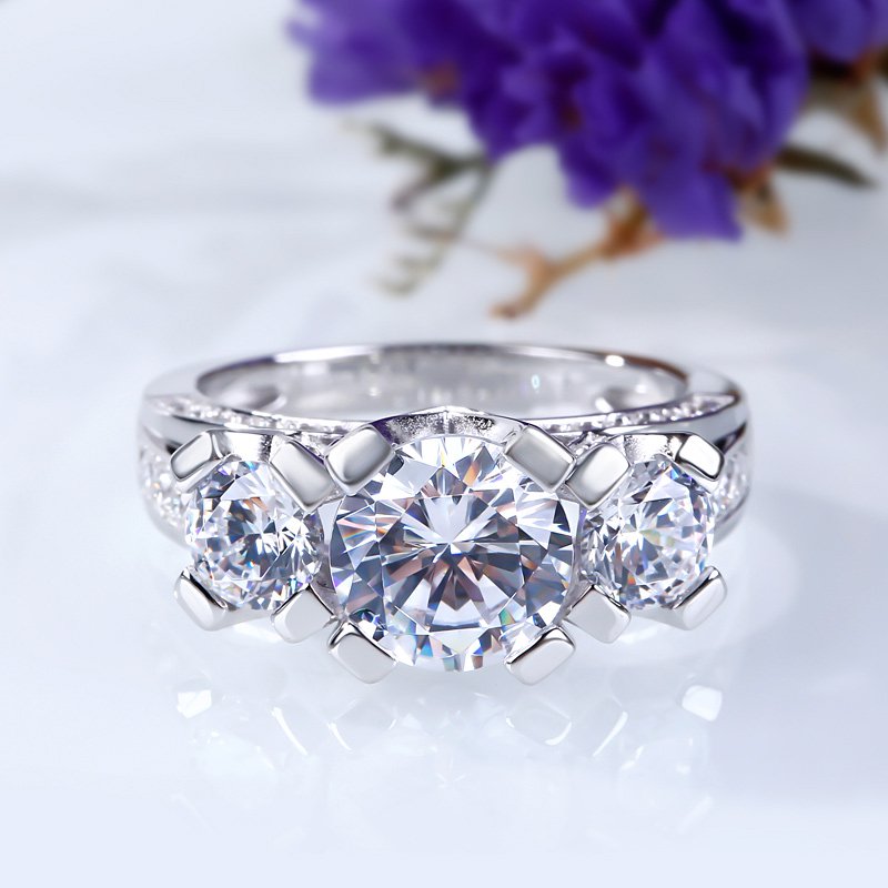Three Side Pave Three Stone Round Cut Sterling Silver Ring-JE-Juri Elle