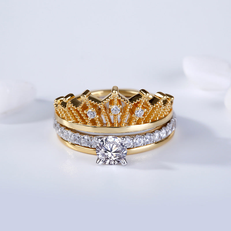 Two Tone Crown Round Cut Sterling Silver Ring set-JE-Juri Elle