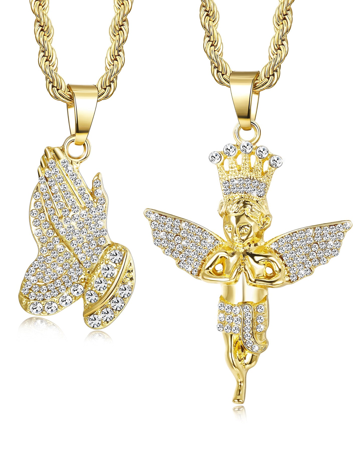 Prayer Hand Angel Pendant Necklace Ice Out Hip Hop Rope Chain 24" 30"