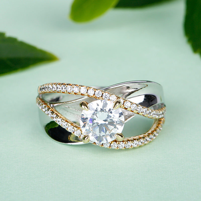 Two Tone Crossover Round Cut Sterling Silver Ring-JE-Juri Elle
