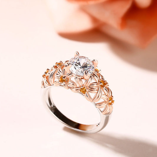 Two Tone Flower Round Cut Sterling Silver Ring-JE-Juri Elle