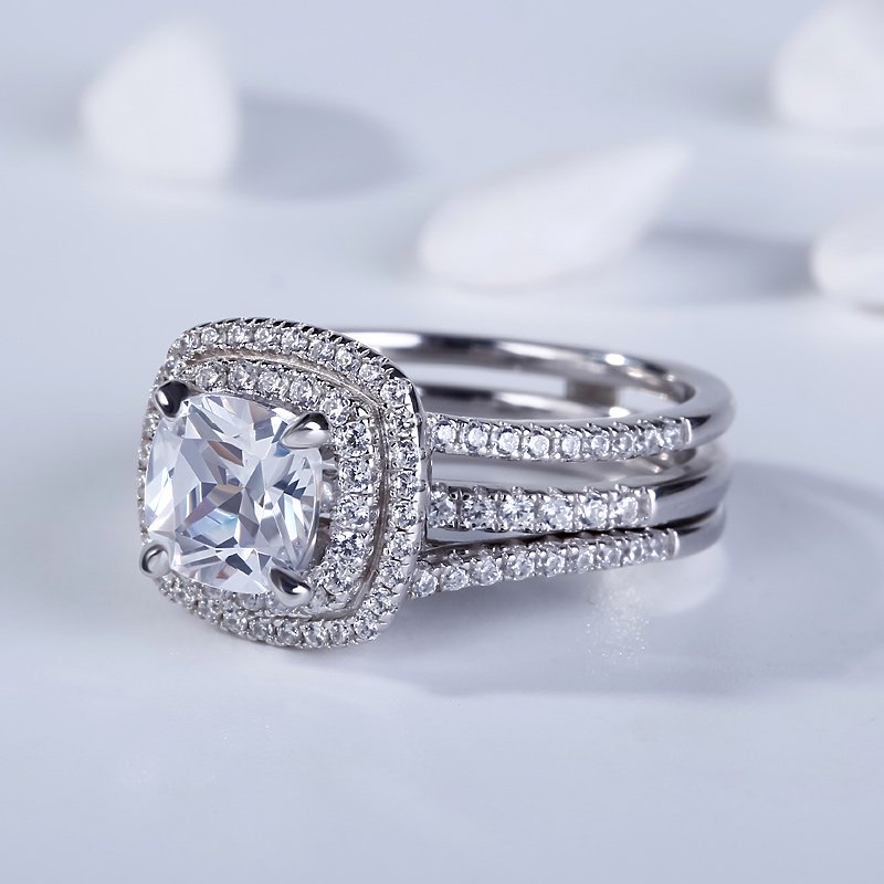 Double Halo Cushion Cut Sterling Silver Ring Set-JE-Juri Elle