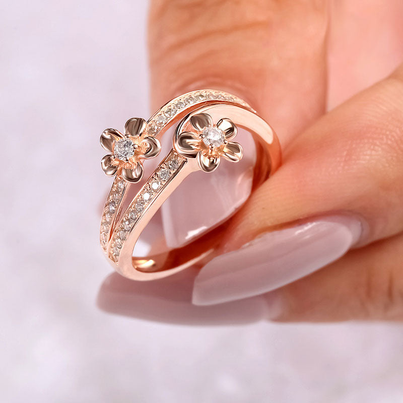 Rose Gold Tone Flower Round Cut Sterling Silver Ring-JE-Juri Elle