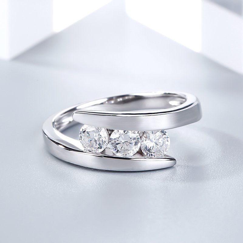 Tension Three Stone Round Cut Sterling Silver Ring-JE-Juri Elle