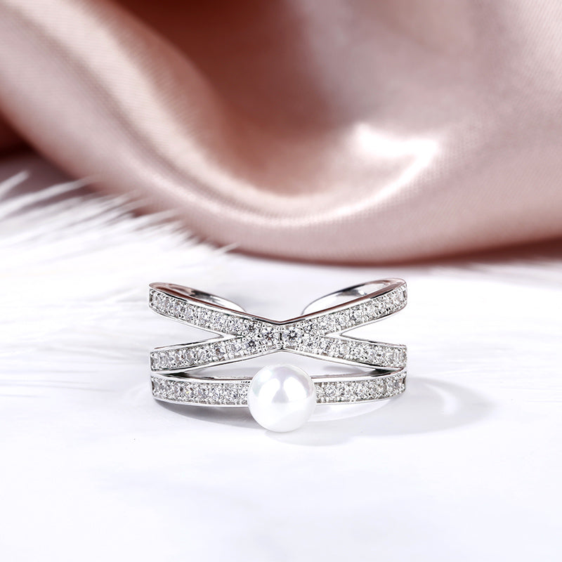 Geometry Cultured Pearl Sterling Silver Ring-JE-Juri Elle