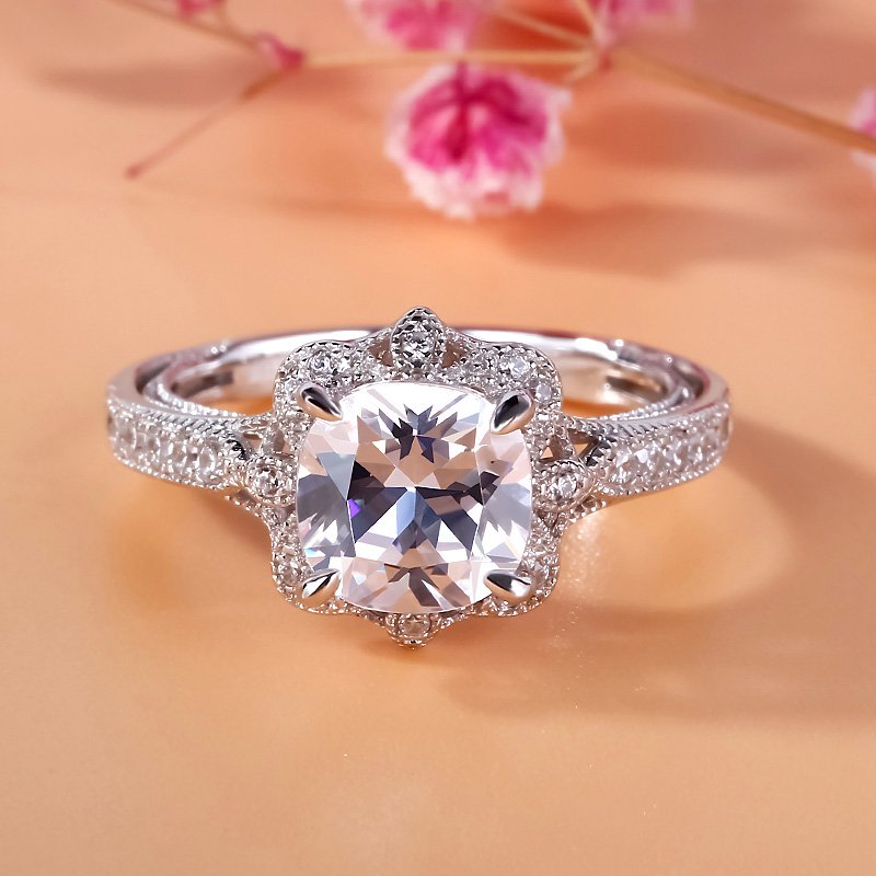 Vintage Floral Cushion Cut Sterling Silver Ring-JE-Juri Elle