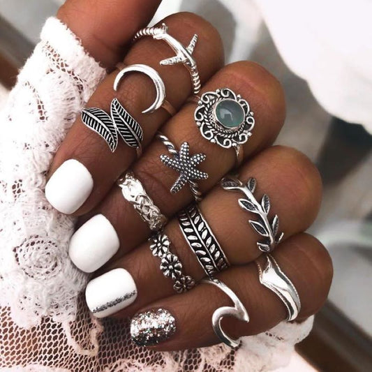 Bohemian Leaf Starfish Set Ring Set 11 Pieces