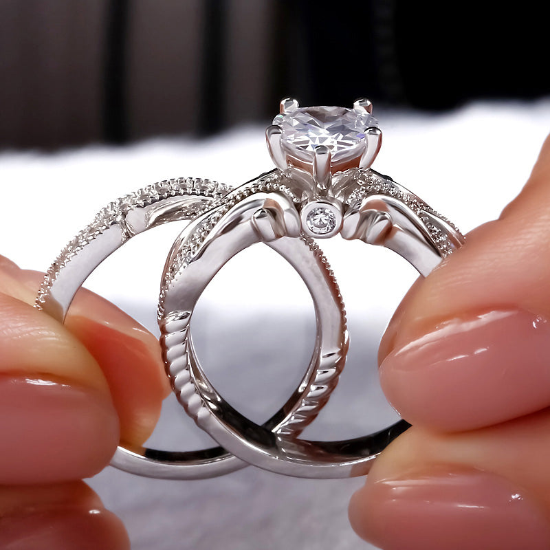 Vintage Milgrain Heart Cut Sterling Silver Ring Set-JE-Juri Elle