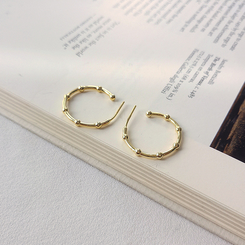 Curved Vines With Beads Sterling Silver Plated Gold Stud Earring