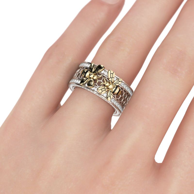 Two Bee Honeycomb Sterling Silver Women's Band-JE-Juri Elle