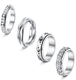 Diamday 4Pcs Stainless Steel Fidget Band Rings for Women Mens Spinner Rings Flower Moon Star Cool Rings Stress Relieving Wedding Promise Rings Set