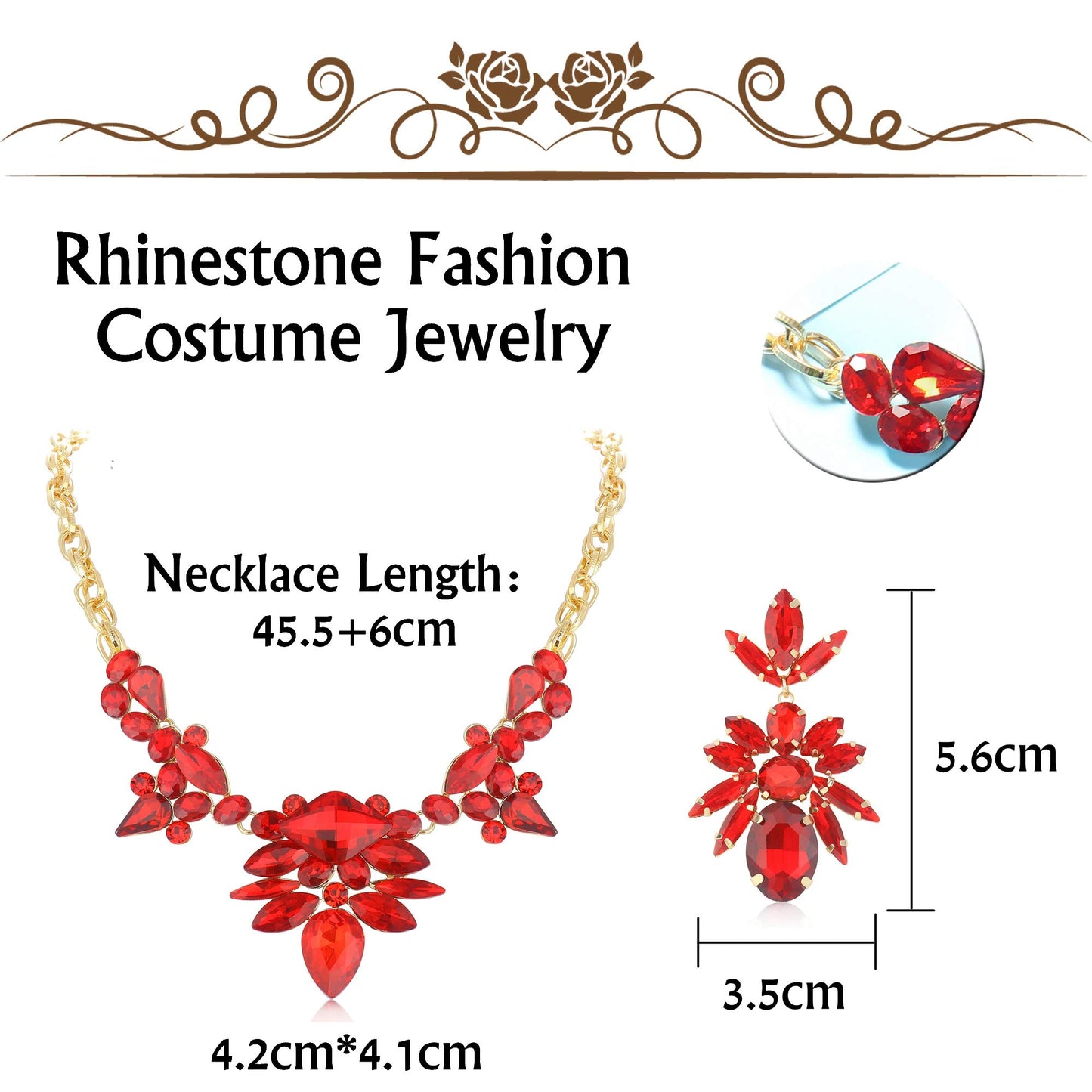 Rhinestone Boho Vintage Leaf Necklace and Earrings for Women