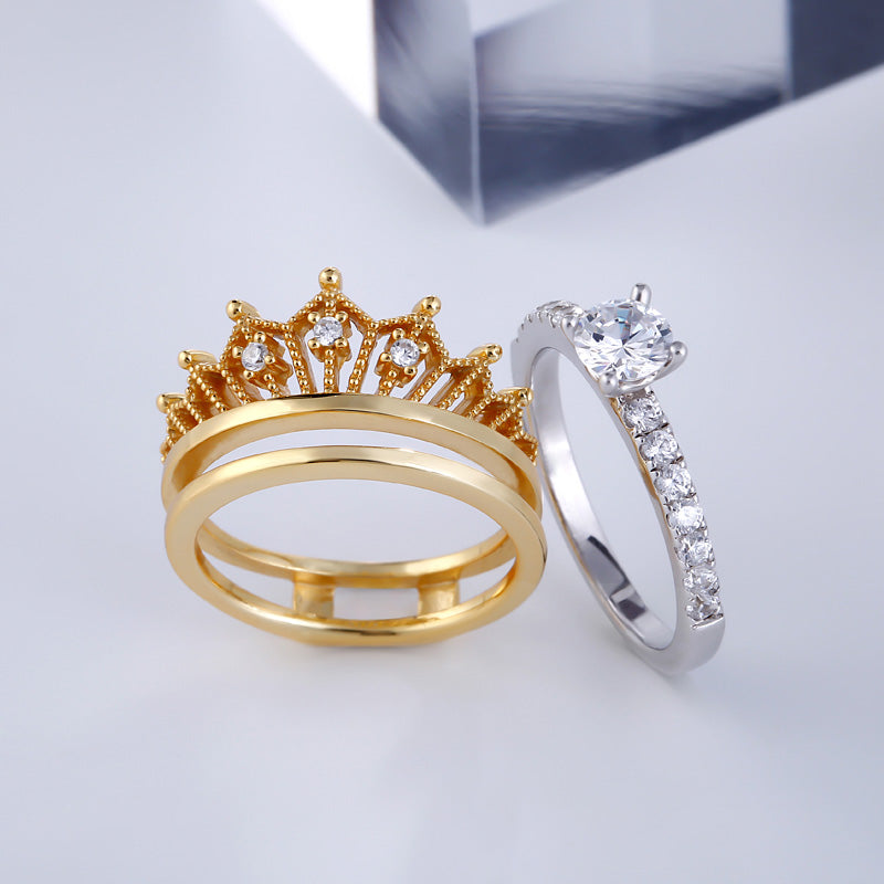 Two Tone Crown Round Cut Sterling Silver Ring set-JE-Juri Elle