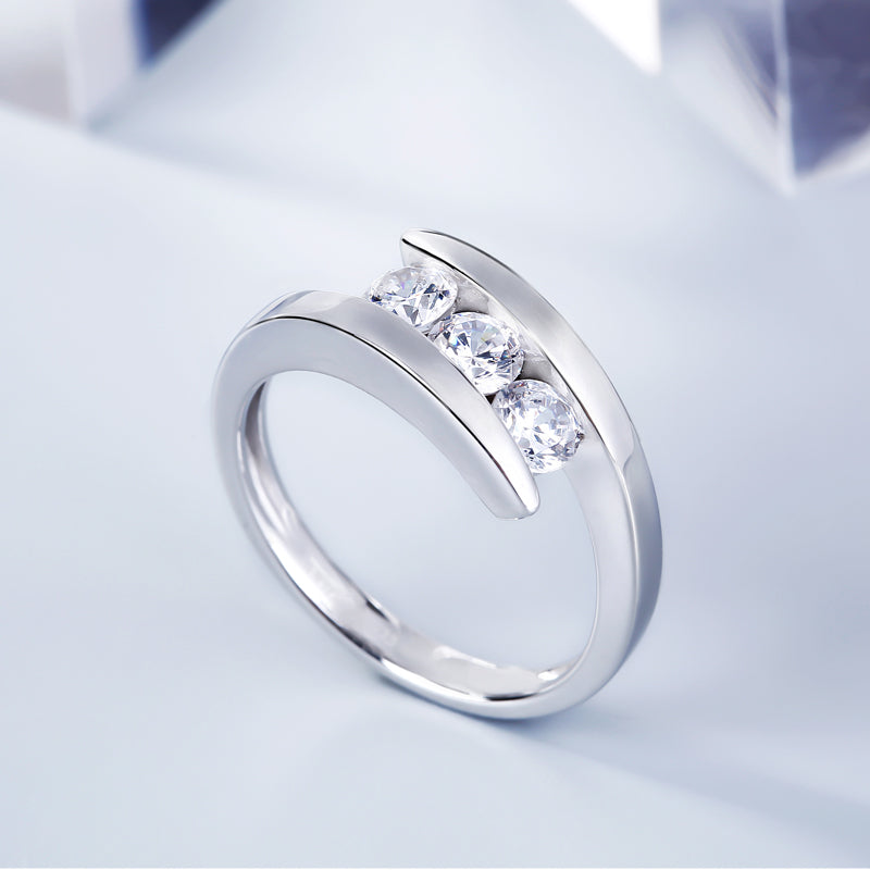 Tension Three Stone Round Cut Sterling Silver Ring-JE-Juri Elle