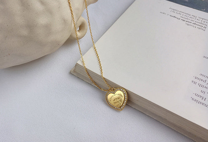Heart Halo Lettering Round Cut Sterling Silver Plated Gold Necklace