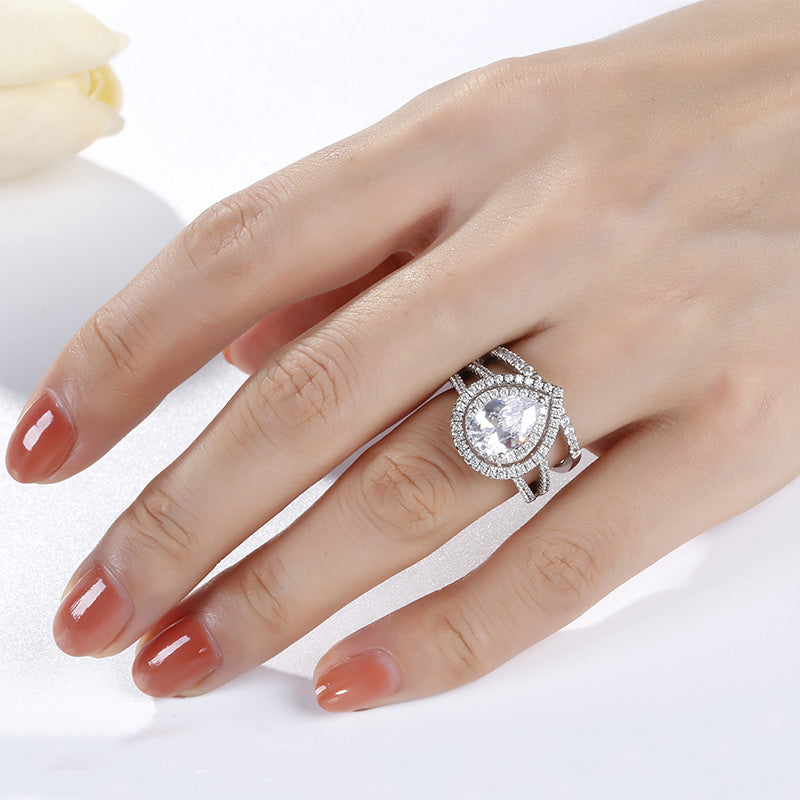 Double Halo Pear Cut Sterling Silver Ring Set-JE-Juri Elle