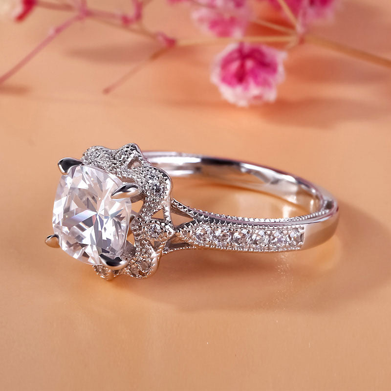 Vintage Floral Cushion Cut Sterling Silver Ring-JE-Juri Elle
