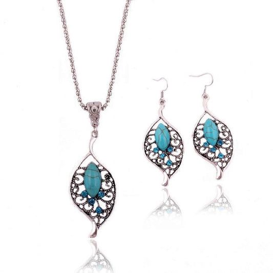 Bohemian Leaf Carved Turquoise Necklace And Earring Set