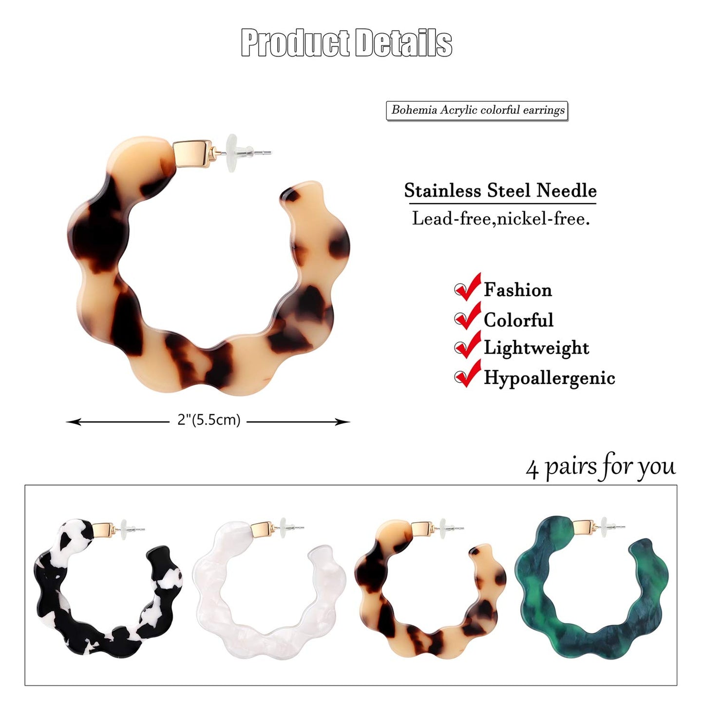Mottled Acrylic Hoop Earrings for Women Lightweight Bohemian Jewelry Shell Resin Wave Statement Earrings