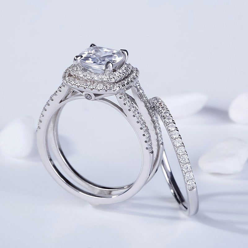 Double Halo Cushion Cut Sterling Silver Ring Set-JE-Juri Elle