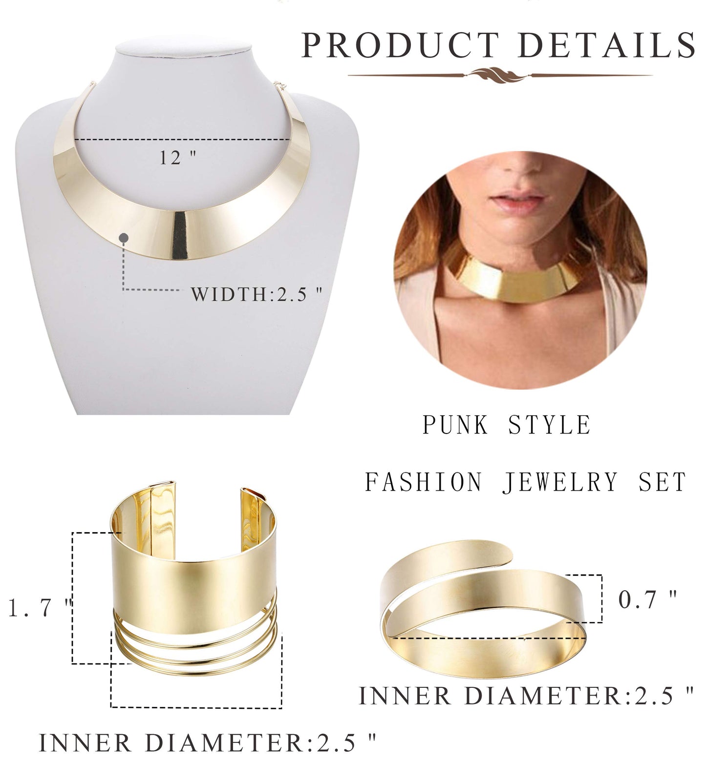 Ensemble de bracelets de brassard et de manchette ouverts avec collier ras du cou