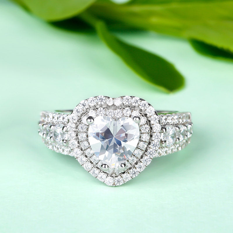 Double Halo Heart Cut Sterling Silver Engagement Ring-JE-Juri Elle