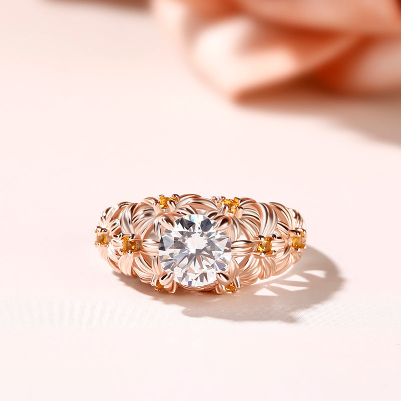 Two Tone Flower Round Cut Sterling Silver Ring-JE-Juri Elle