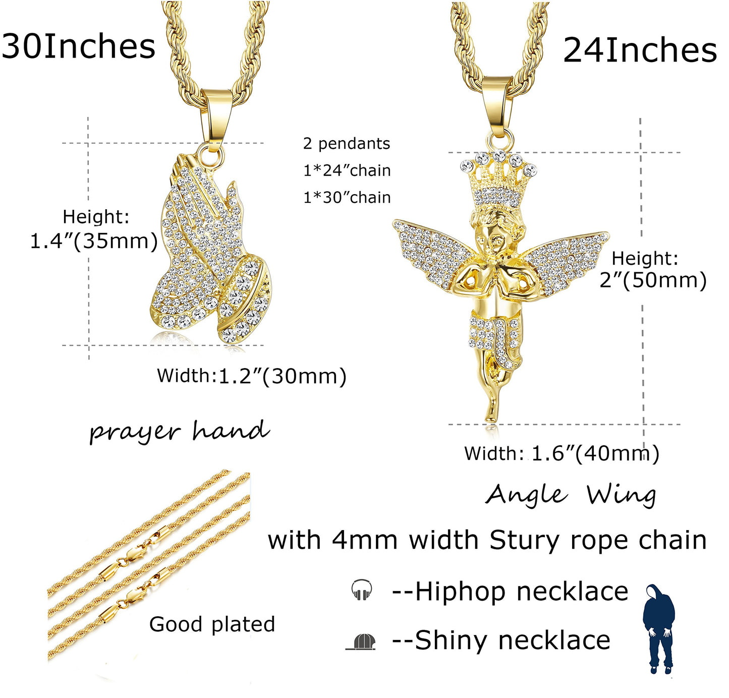 Prayer Hand Angel Pendant Necklace Ice Out Hip Hop Rope Chain 24" 30"