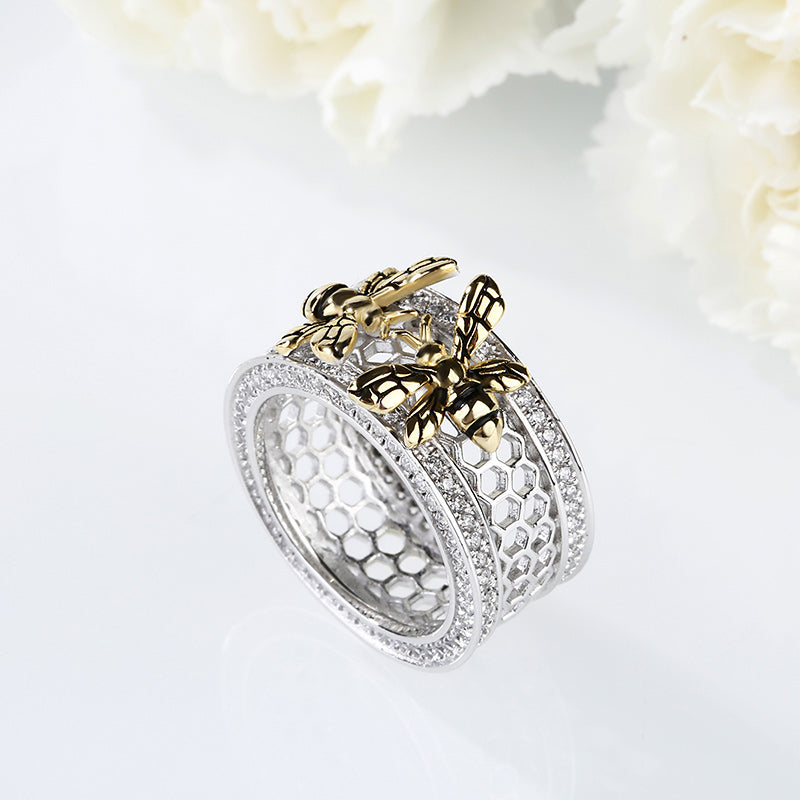 Two Bee Honeycomb Sterling Silver Women's Band-JE-Juri Elle